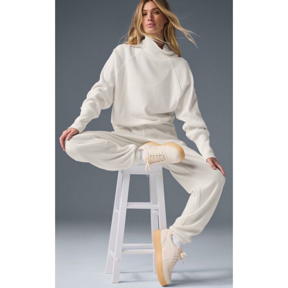 Alo Weekend Escape Mock Neck Long Sleeve Ivory Waffle Thermal Turtleneck Sweater - Picture 4 of 16